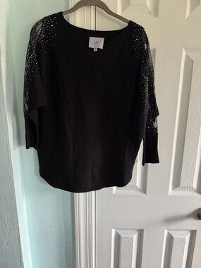Milano Black Mesh Sleeve Sweatshirt with Rhinestone Detail